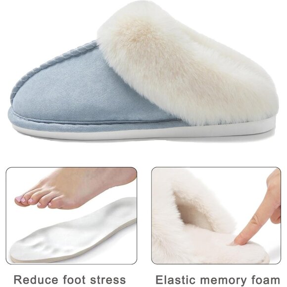 Women's Light Blue Fluffy Cozy Winter Warm Memory Foam Slip On Slippers Shoes - Picture 6 of 7